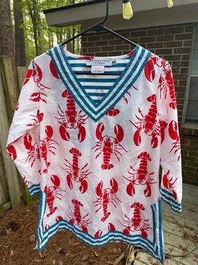 Gretchen Scott Designs Striped V-Neck Tunic with Red Lobster Motif